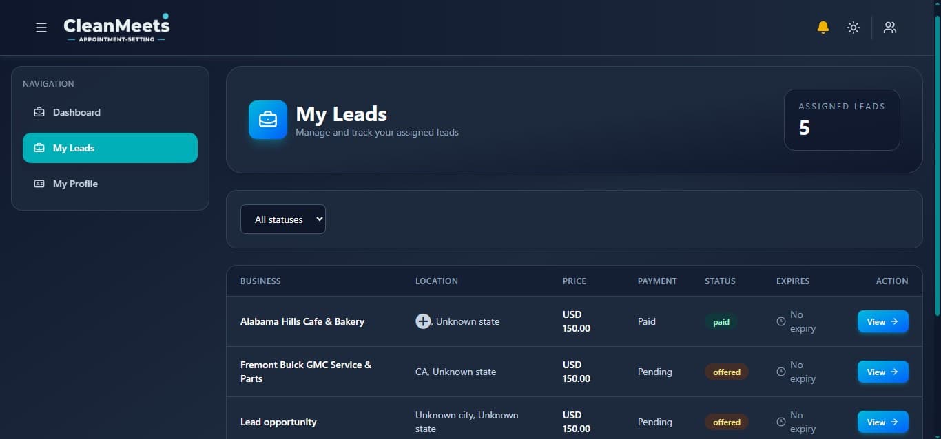 CleanMeets Professional CRM Dashboard 2